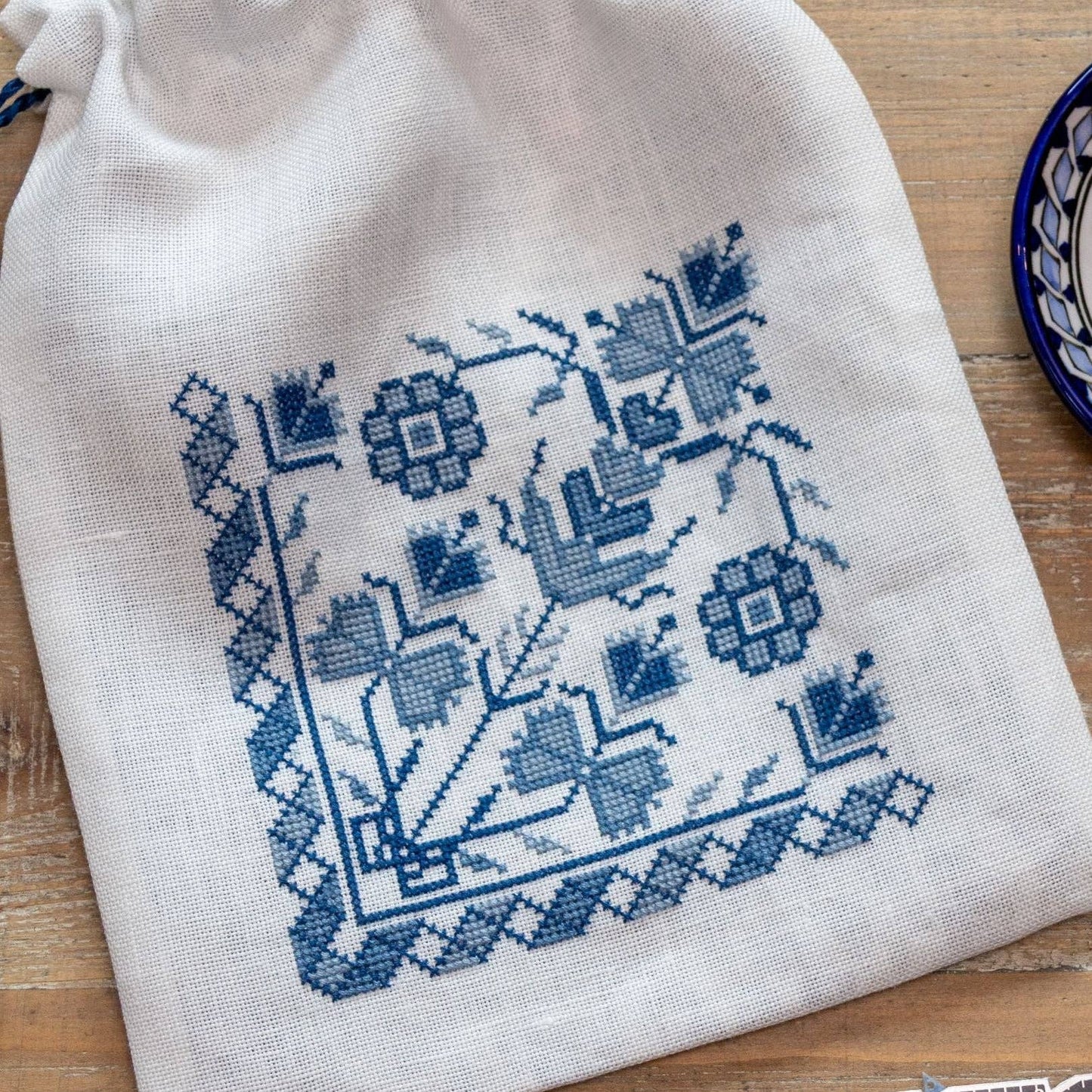 Blue Indigo Drawstring Bag Cross Stitch Kit