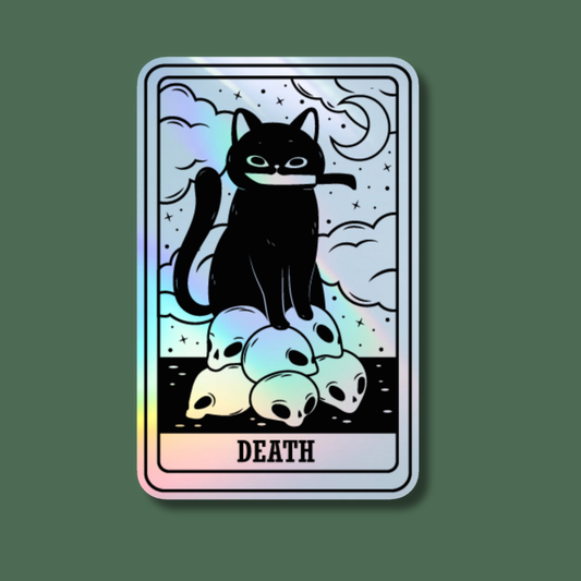 Death Black Cat Tarot Card Holographic Sticker