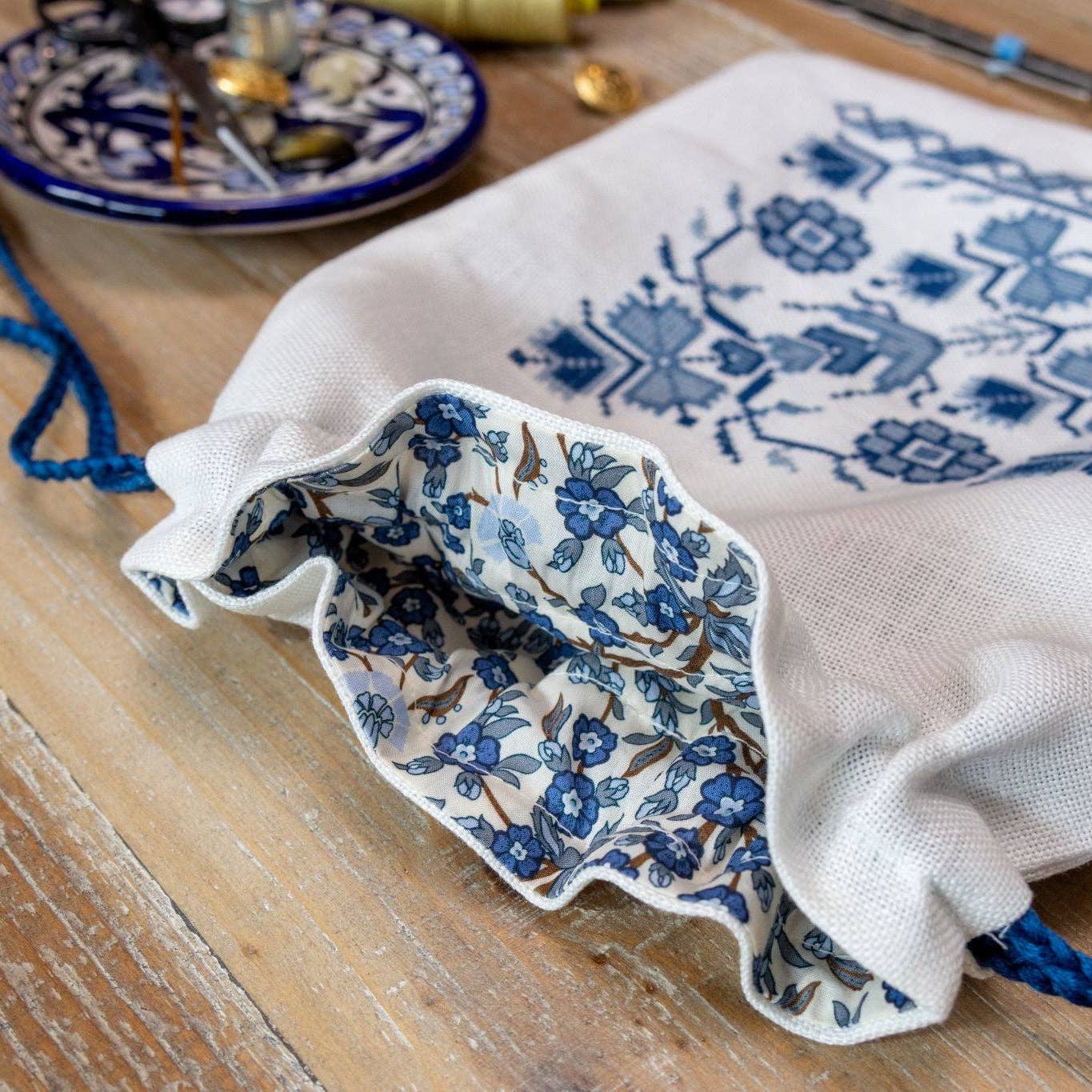 Blue Indigo Drawstring Bag Cross Stitch Kit