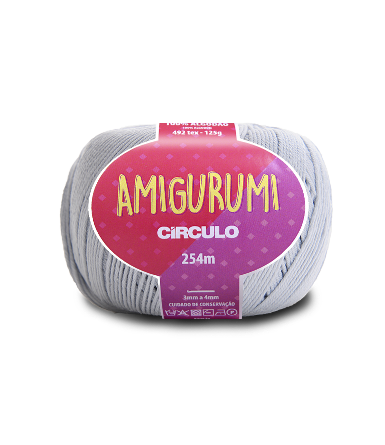A ball of Amigurumi Circulo yarn in a light gray color, featuring a pink and purple label with yellow and white text.