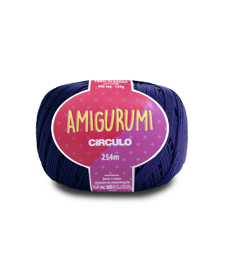A ball of Amigurumi yarn by Circulo in a deep navy blue color, featuring a pink and purple label with yellow text.