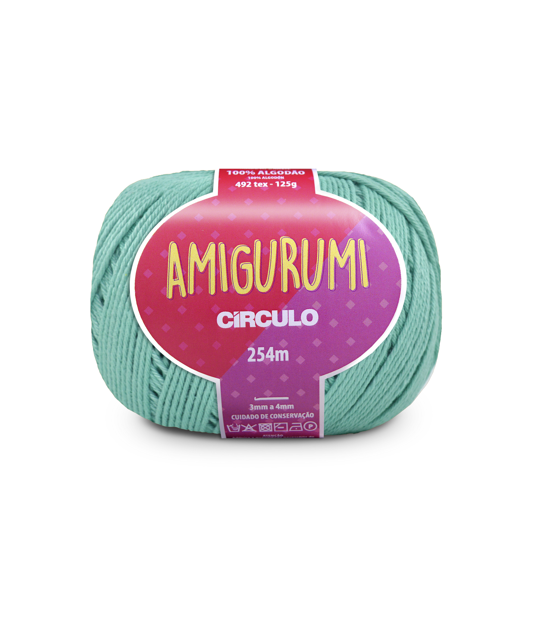 A ball of Amigurumi Circulo yarn in a mint green color, featuring a prominent pink and purple label with yellow text.
