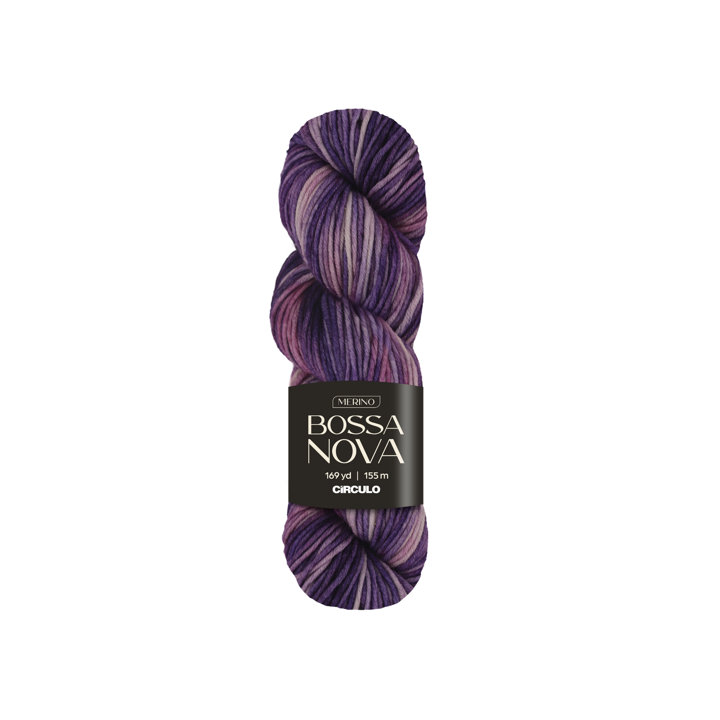 Purple skein of variegated yarn with a 'Bossa Nova' label on a white background