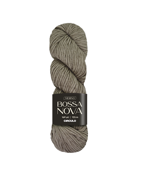 Skein of taupe colored yarn with Bossa Nova label on a white background