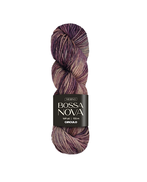 Skein of purple and light pink yarn with 'Bossa Nova' label on a white background