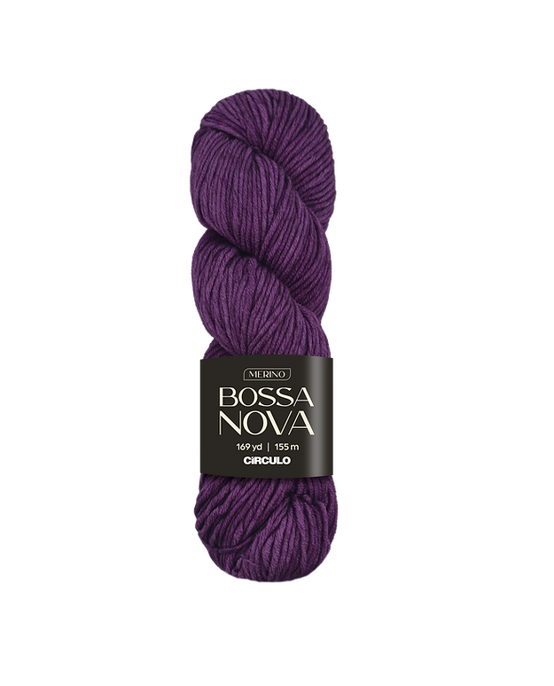 Warm purple skein of yarn with a Bossa Nova label on a white background