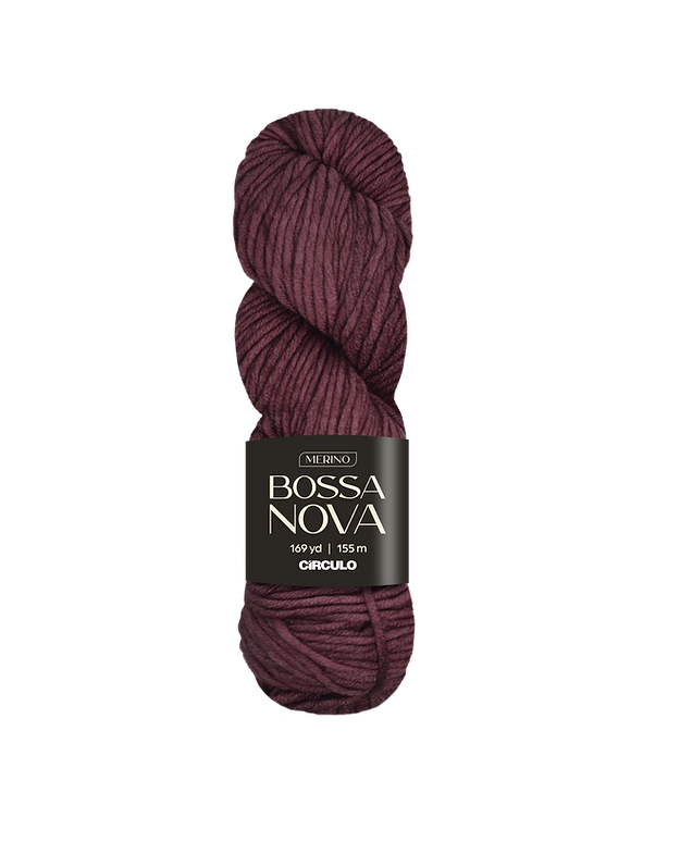 Burgundy skein of yarn with Bossa Nova label on a white background