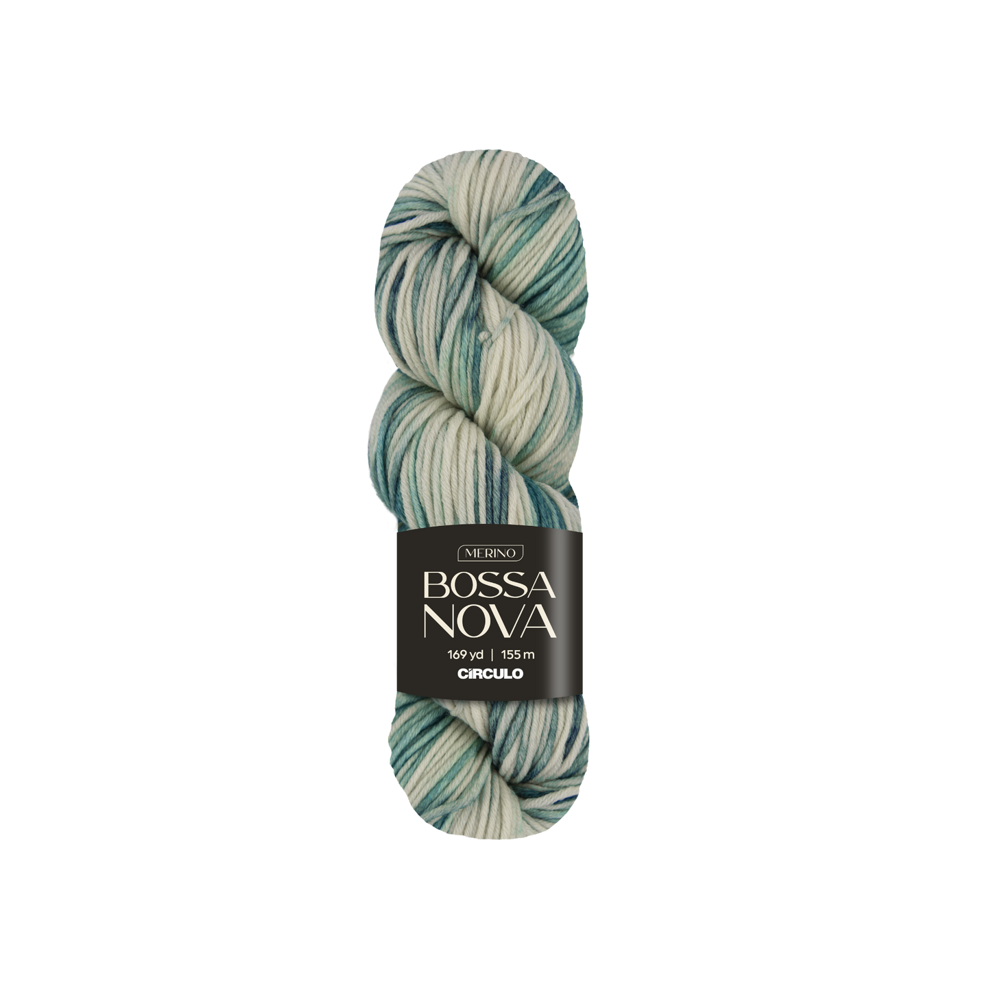 Skein of variegated blue and white yarn with a label 'Bossa Nova' on a white background