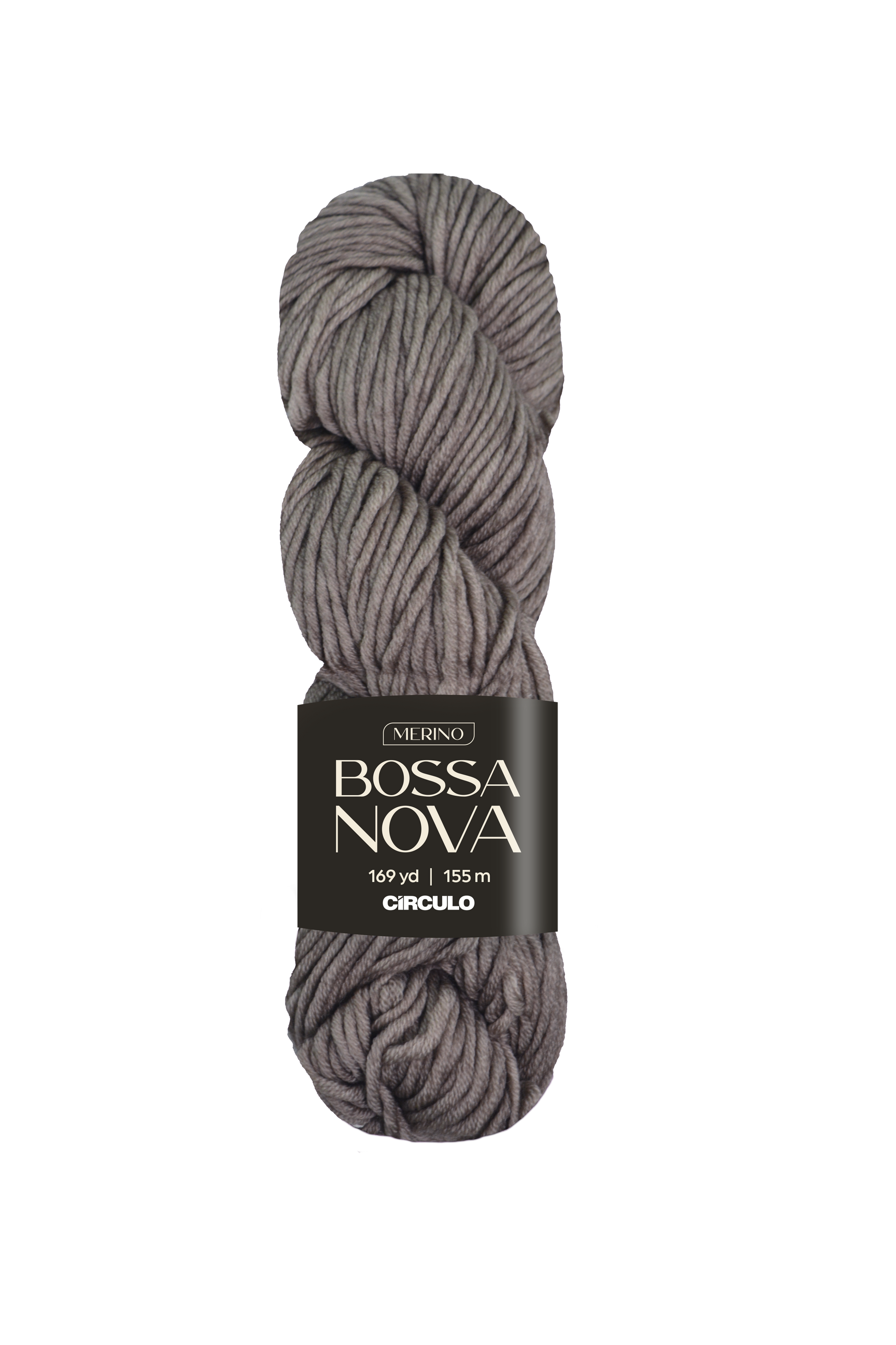 Warm gray skein of yarn with 'Bossa Nova' label on a white background