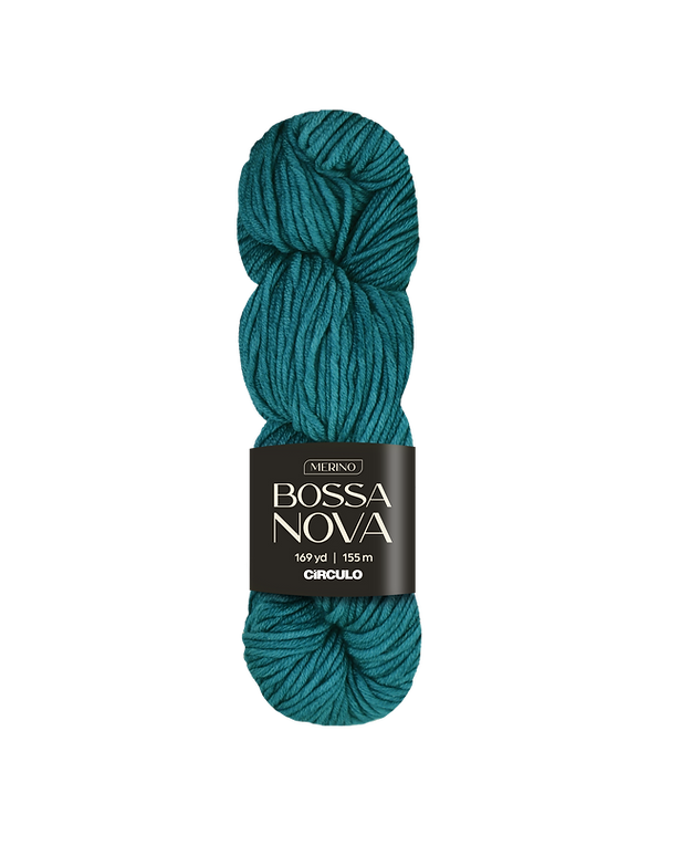 Teal skein of yarn with Bossa Nova label on a white background