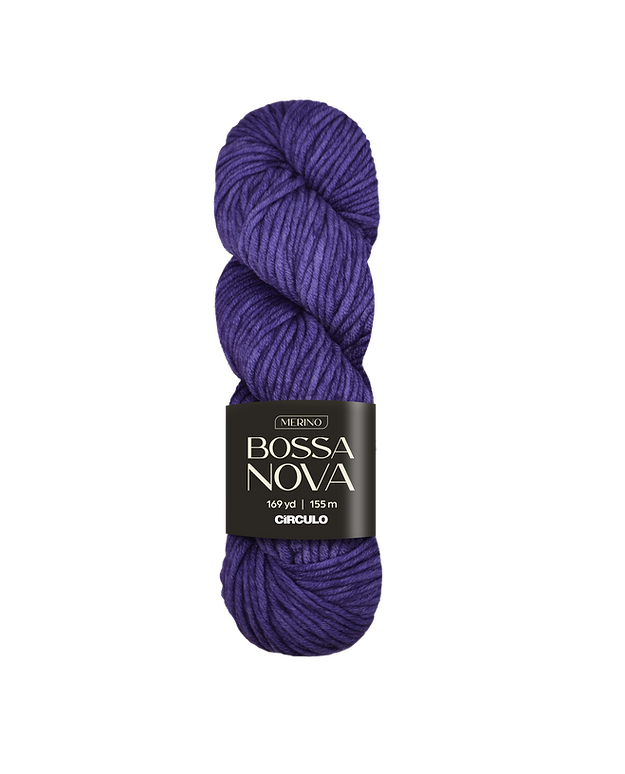 Bright purple skein of yarn with a Bossa Nova label on a white background