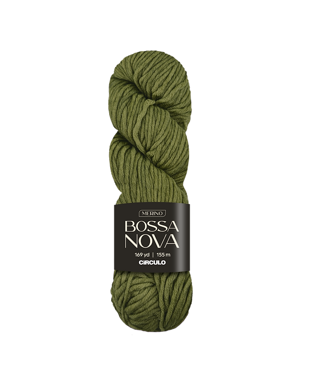 Olive green skein of yarn with Bossa Nova label on a white background
