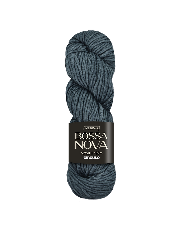 Blue gray skein of yarn with a Bossa Nova label on a white background