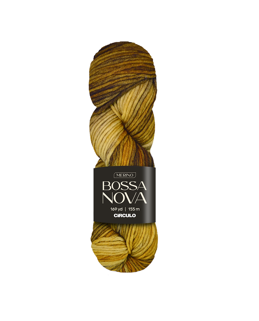 Skein of mustard and brown yarn with Bossa Nova label on a white background