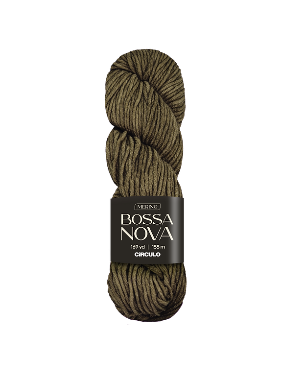 Light brown skein of yarn with Bossa Nova label on a white background