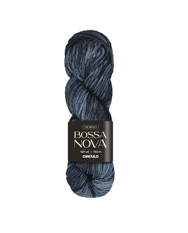 Light and dark blue variegated skein of yarn with a Bossa Nova label on a white background