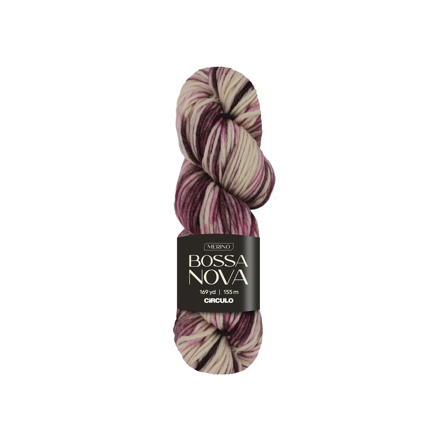 Skein of burgundy and pink skein with 'Bossa Nova' label on a white backgroudn
