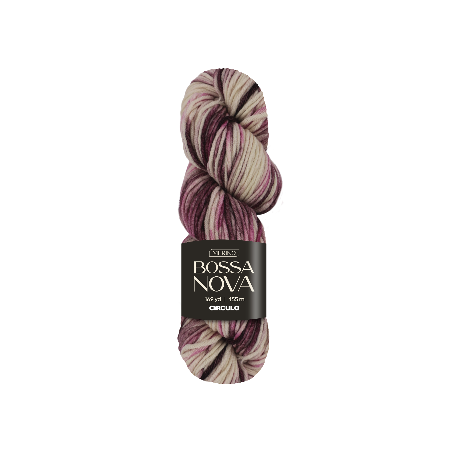 Skein of burgundy and pink skein with 'Bossa Nova' label on a white backgroudn