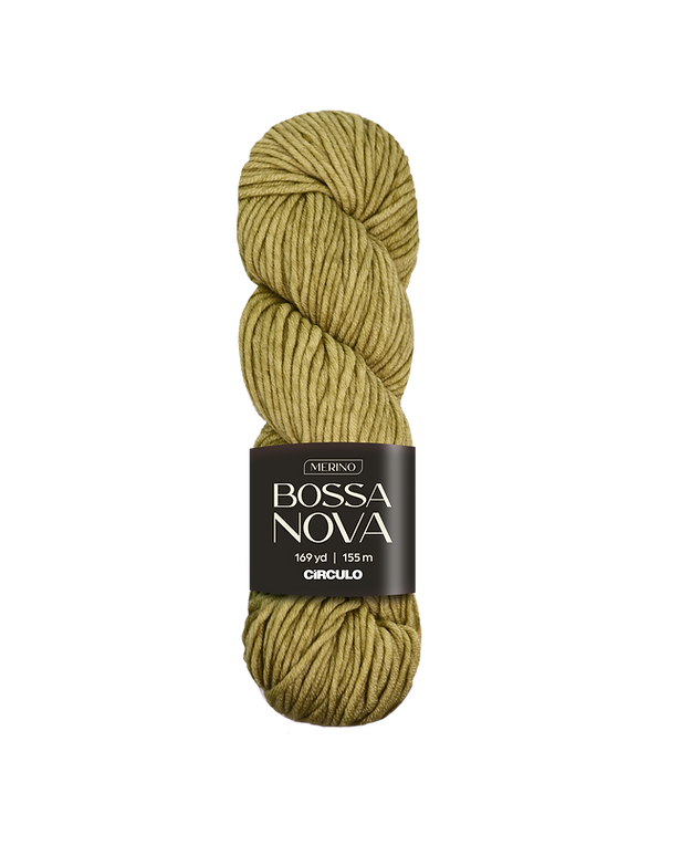 Skein of mustard yellow yarn with a Bossa Nova label on a white background