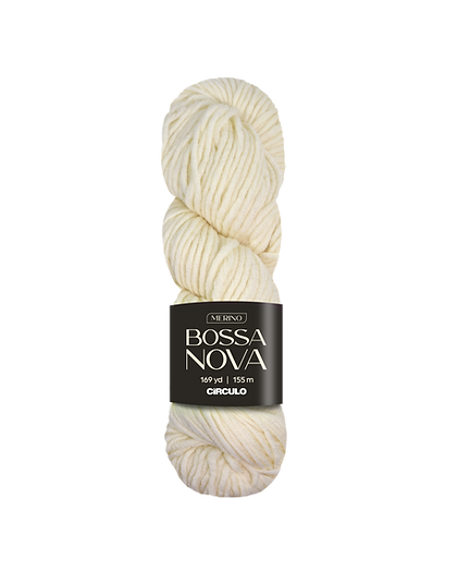 Skein of cream-colored yarn with a Bossa Nova label on a white background