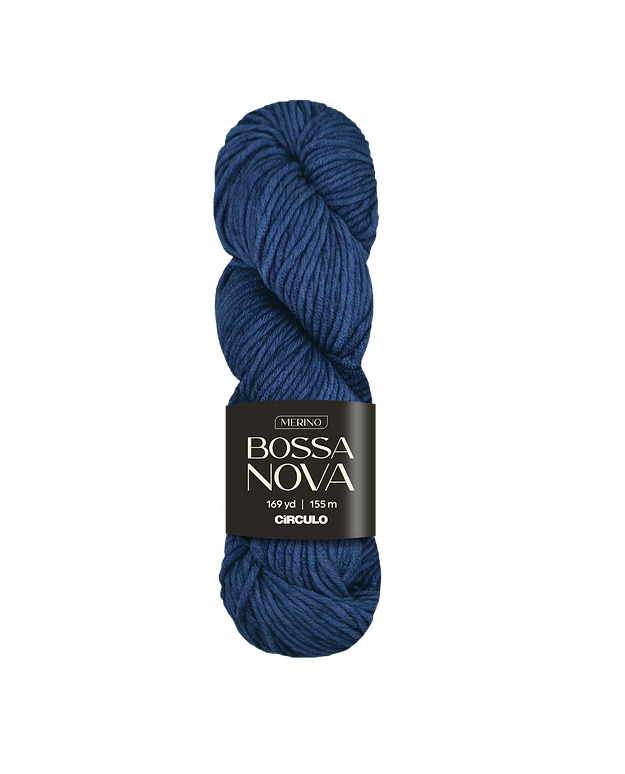 Blue skein of yarn with Bossa Nova label on a white background