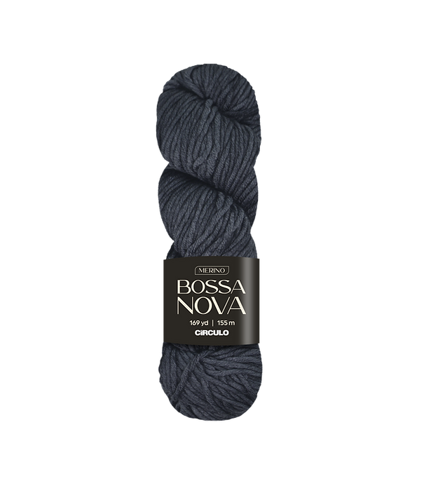 Dark blueish gray skein of yarn with 'Bossa Nova' label on a white background