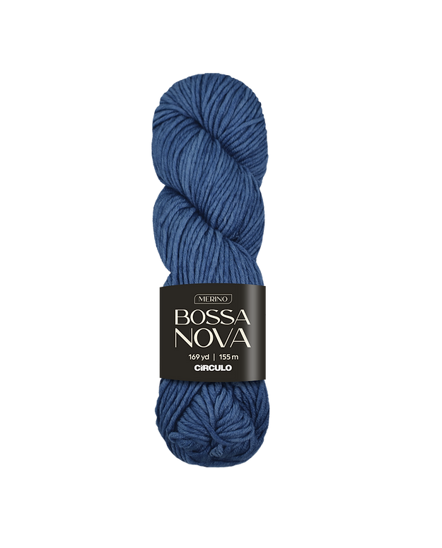 Blue skein of yarn with a Bossa Nova label on a white background