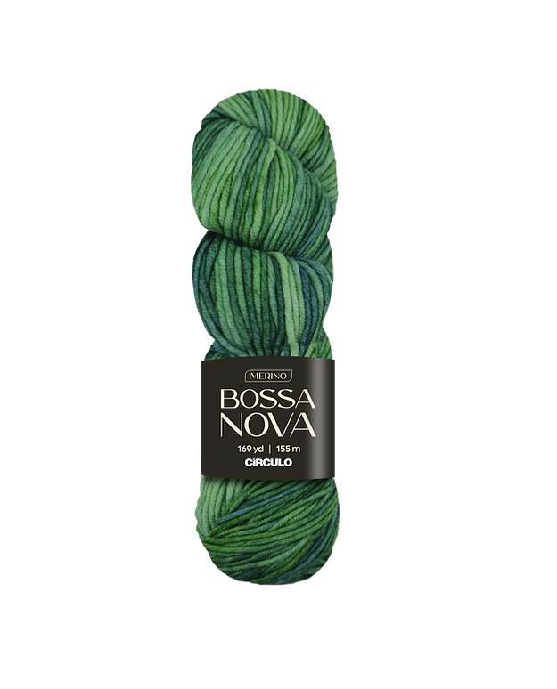 Light and dark green skein of yarn with a label on a white background