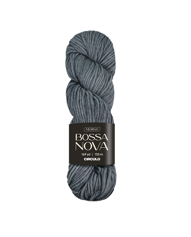 Medium gray skein of yarn with Bossa Nova label on a white background