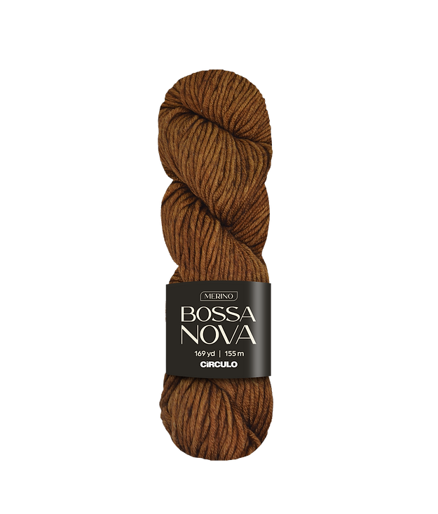 Warm brown skein of yarn with a label on a white background