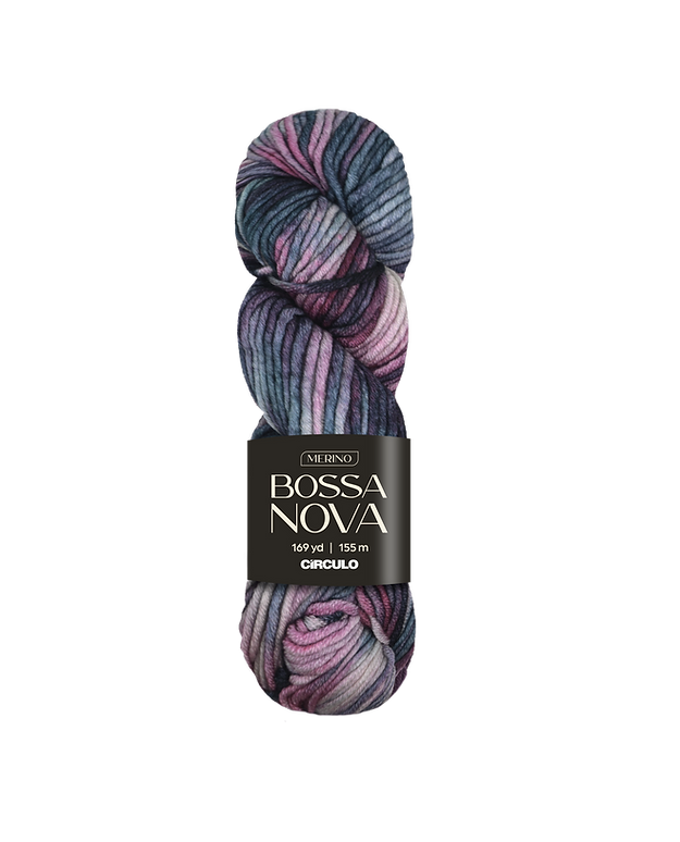 Multicolored purple, purple and pink skein of yarn with 'Bossa Nova' label on a white background