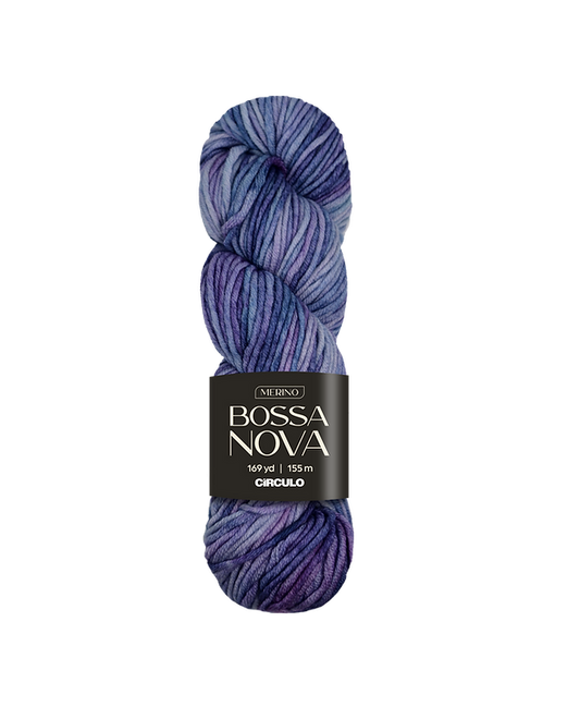 Blue and purple variegated skein of yarn with 'Bossa Nova' label on a white background