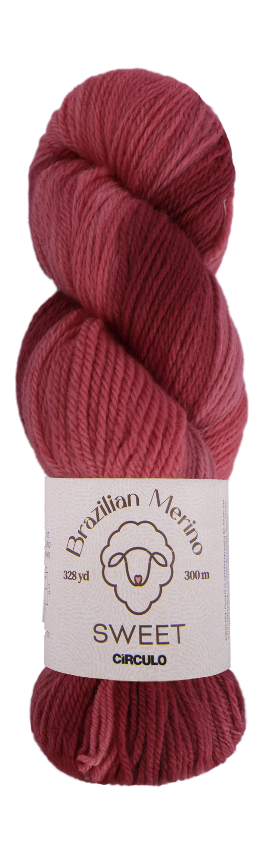 Red and pink skein of yarn with a label on a white background