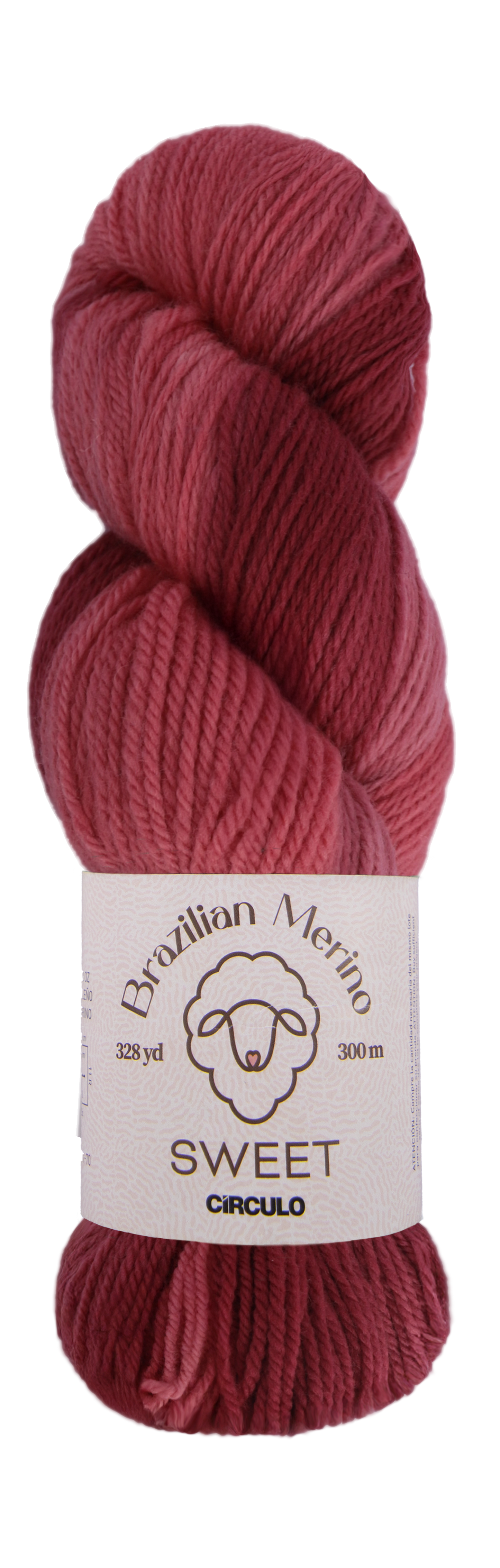 Red and pink skein of yarn with a label on a white background