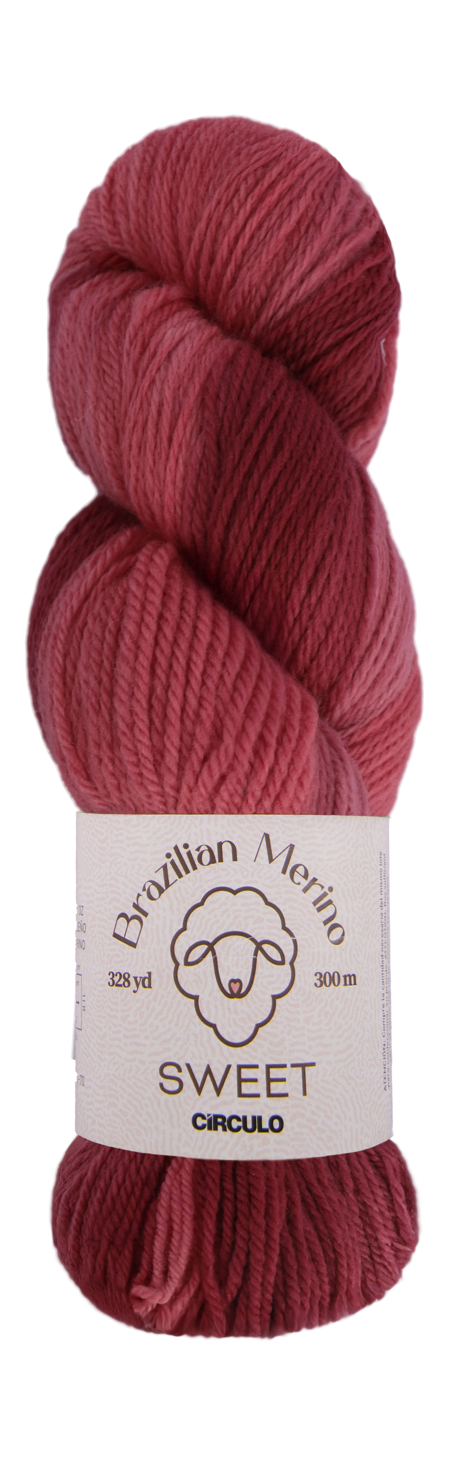 Red and pink skein of yarn with a label on a white background
