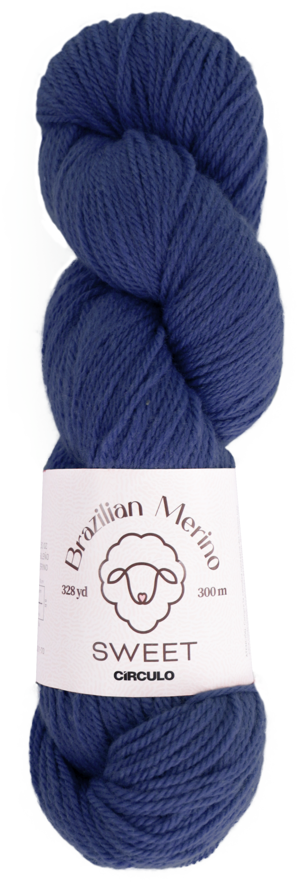 Blue skein of yarn with a label on a white background