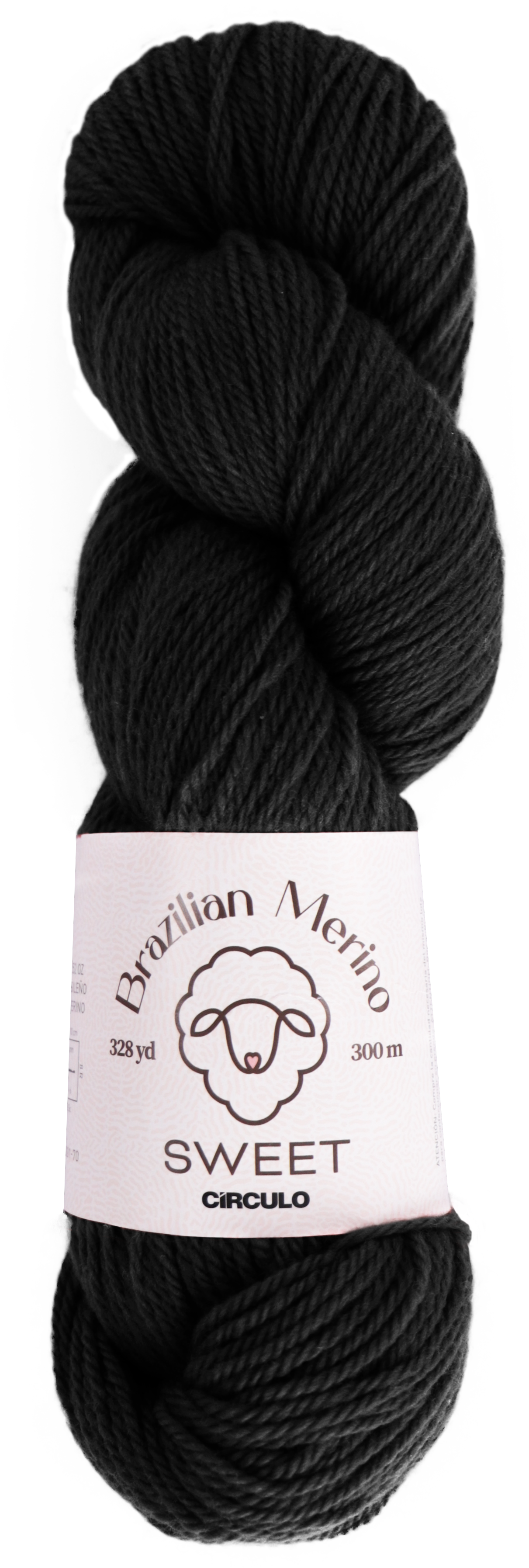 Black yarn skein with a label on a white background