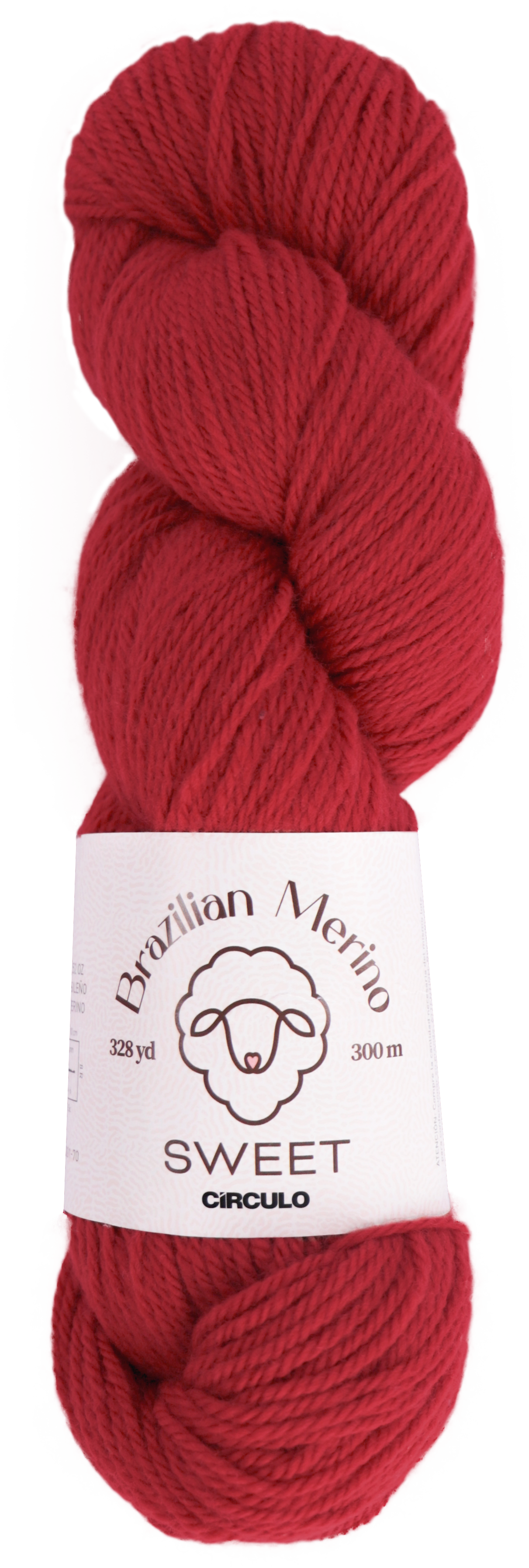 Red skein of yarn with a label on a white background