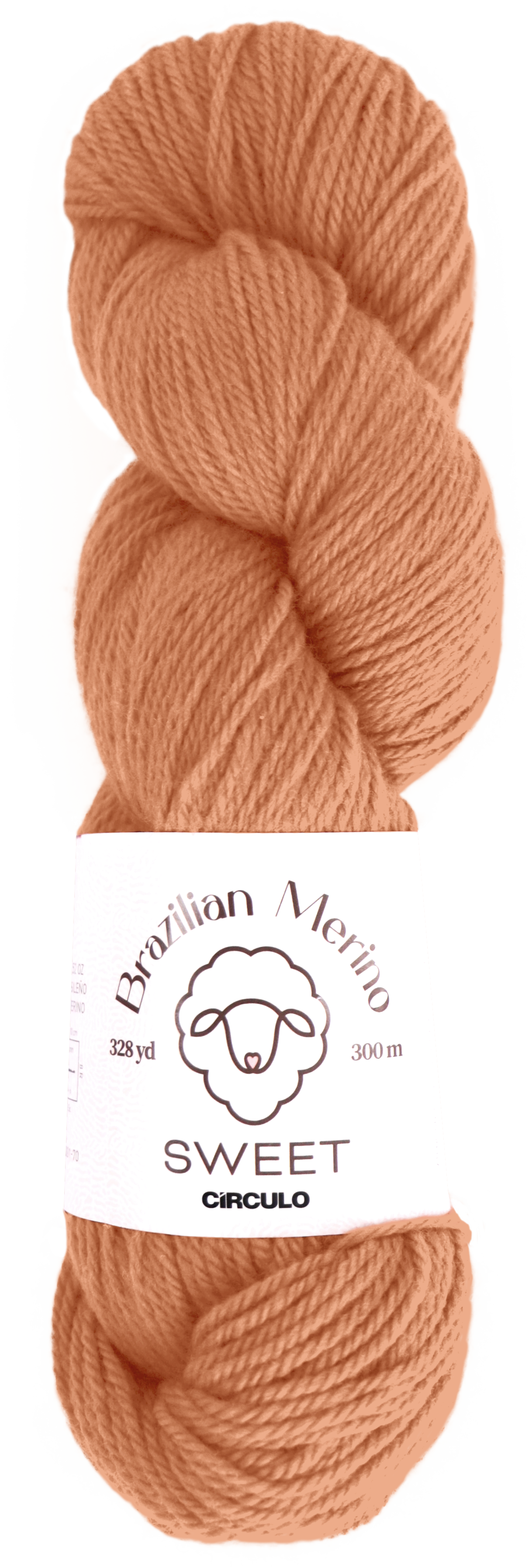 Peach-colored yarn skein with a label on a white background