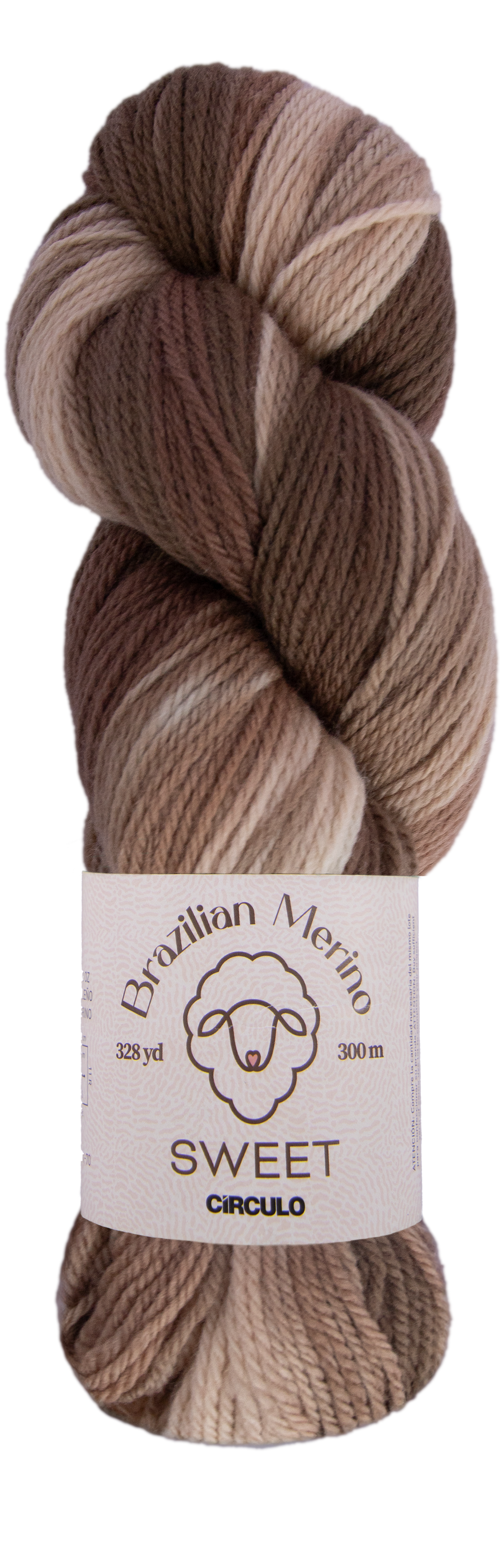 Brown and beige skein of yarn with a label on a white background
