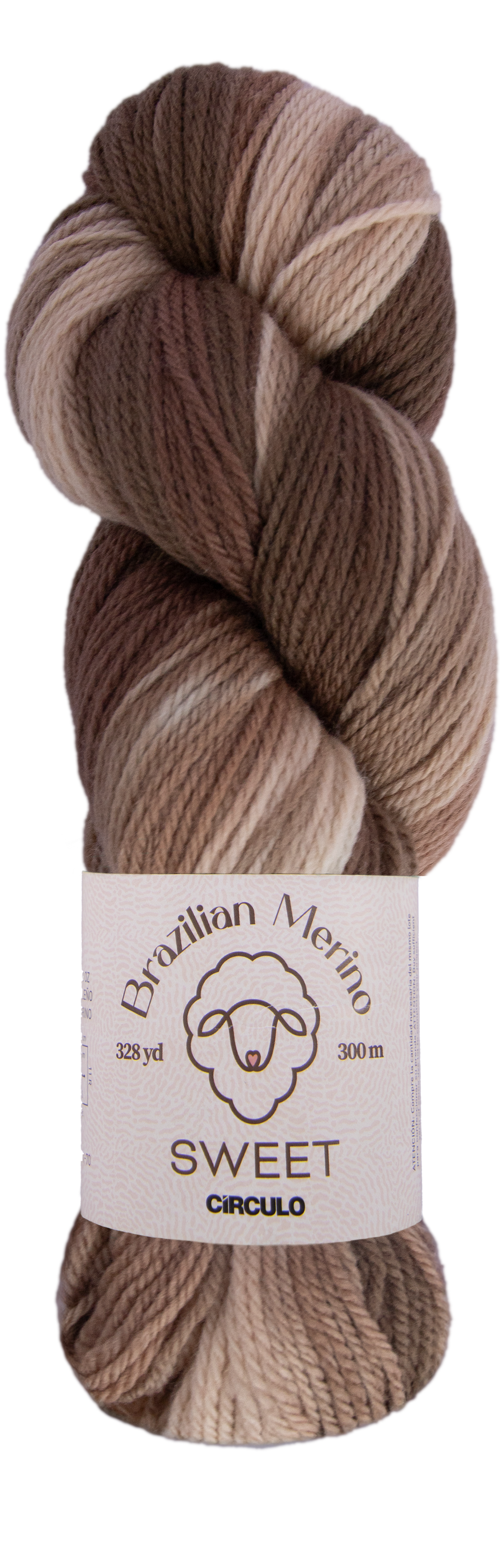 Brown and beige skein of yarn with a label on a white background