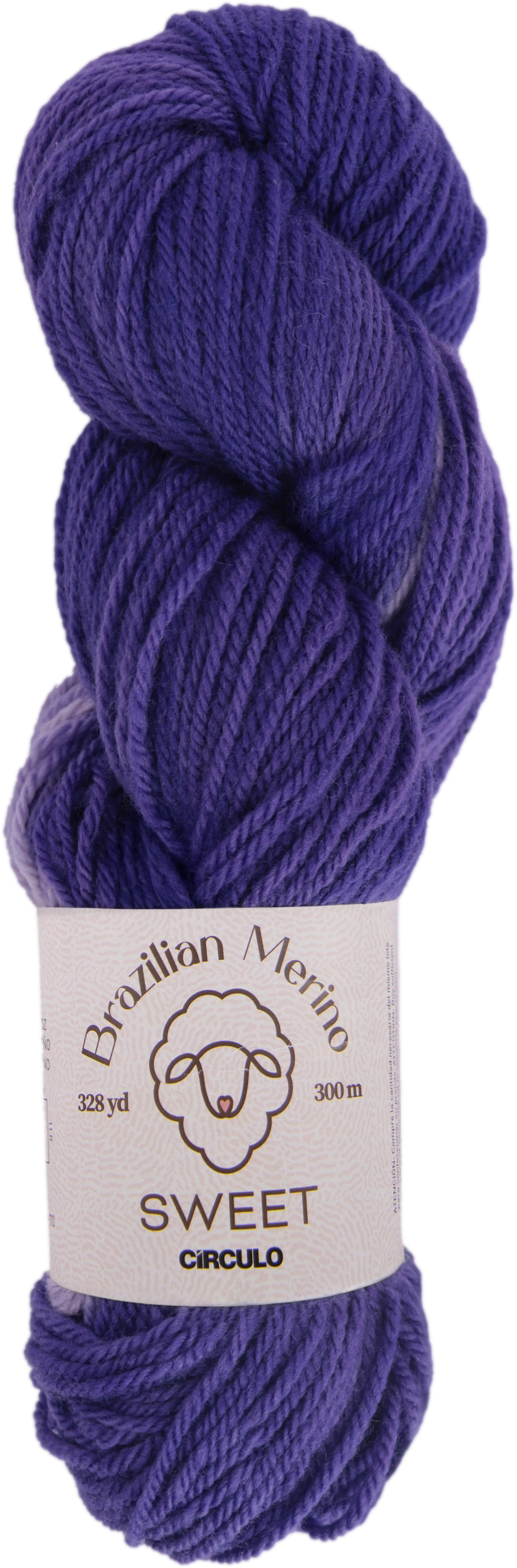 Light and dark purple yarn skein with a label on a white background