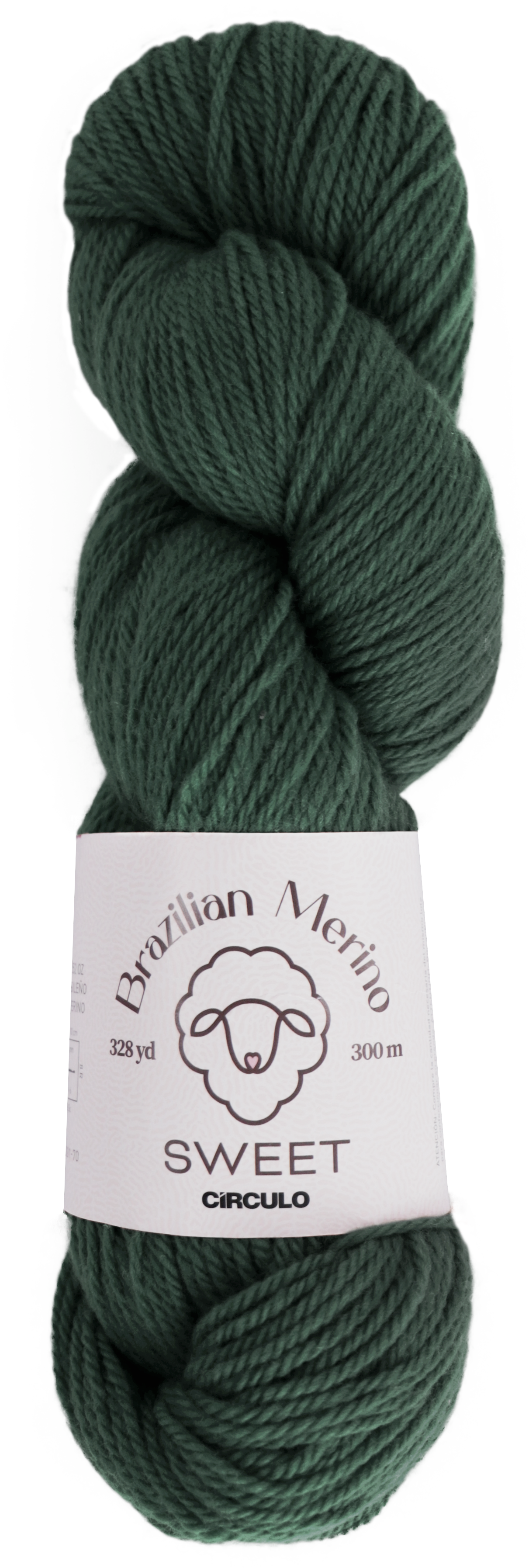 Green skein of yarn with a label on a white background