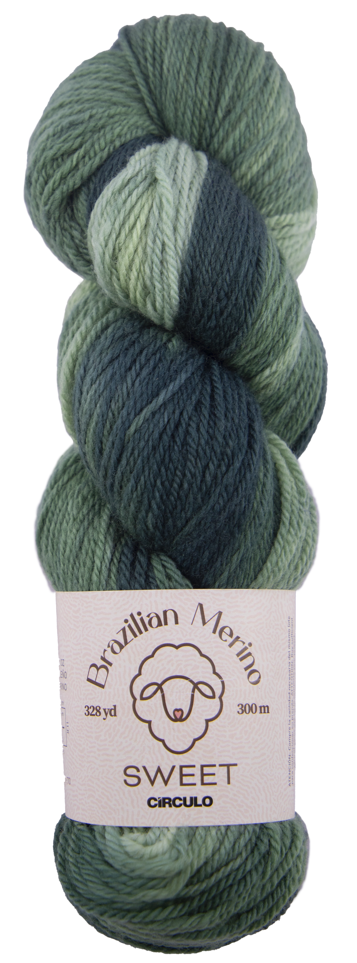 Light and dark green skein of yarn with a label on a white background