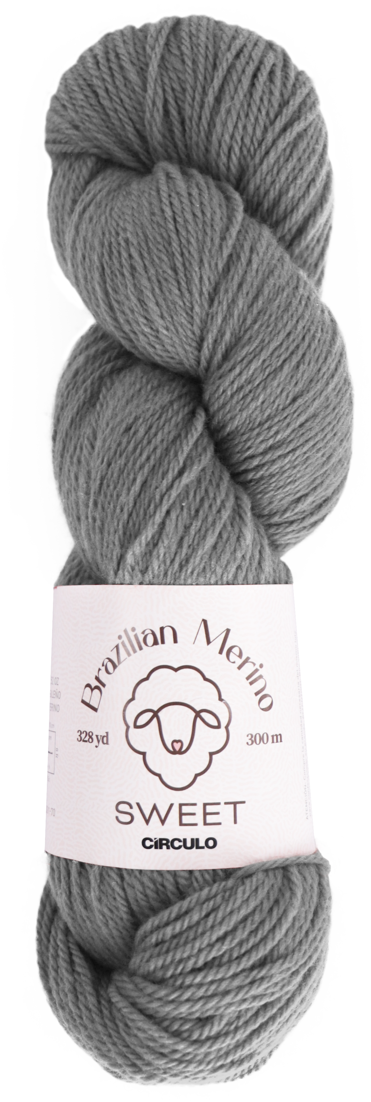 Medium gray skein of yarn with a label on a white background