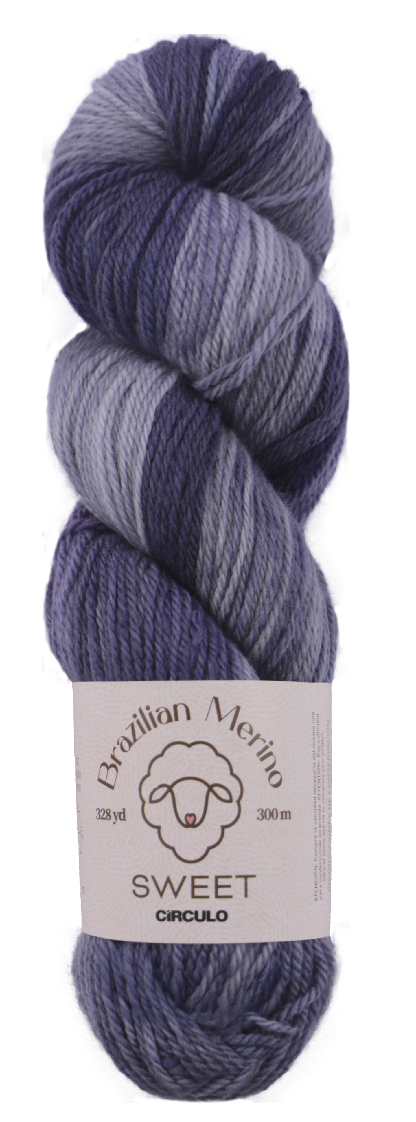 Light and dark gray skein of yarn with a label on a white background