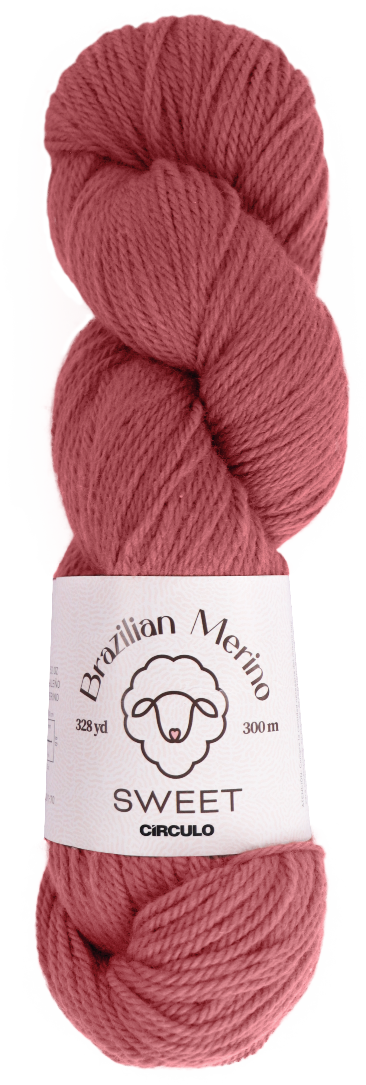 Skein of warm pink yarn with a label on a white background