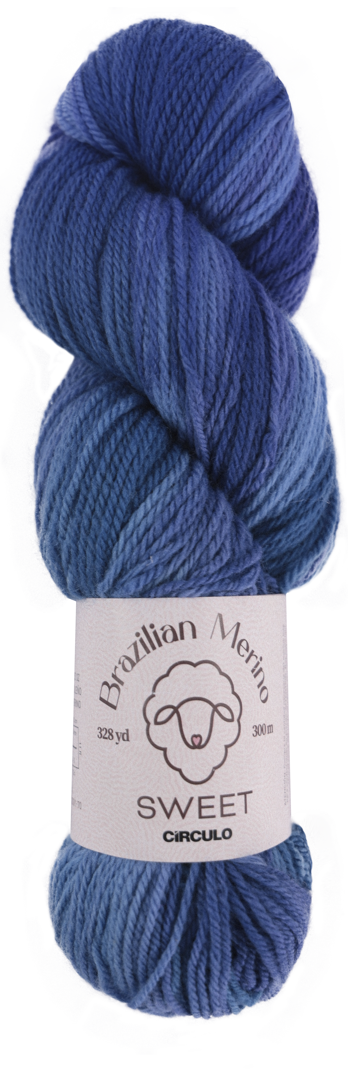 Light and dark blue skein of yarn with a label on a white background