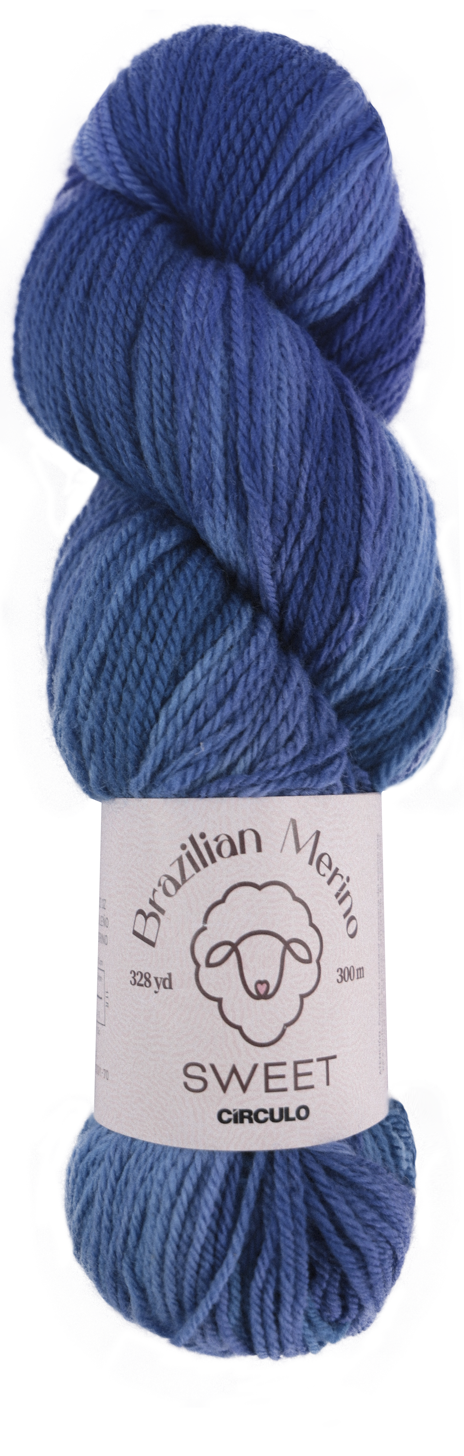 Light and dark blue skein of yarn with a label on a white background