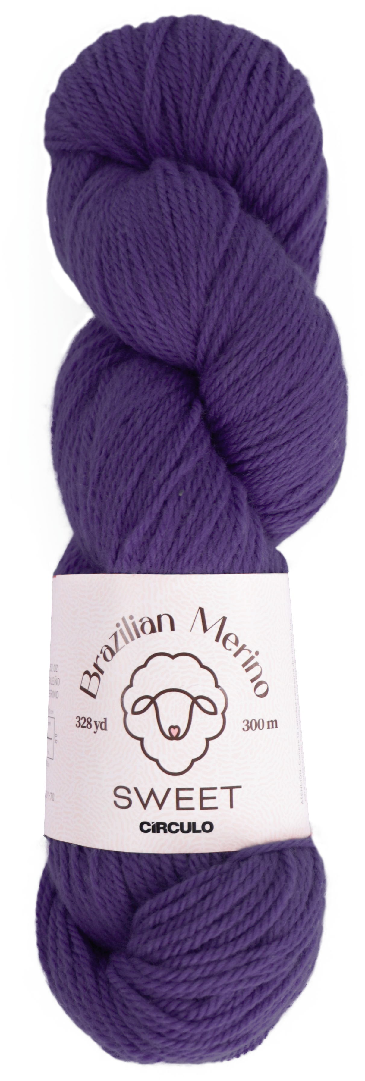 Purple skein of yarn with a label on a white background
